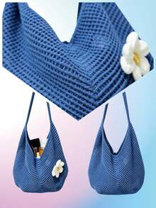 1PCS Blue Large Capacity Beach Tote Bag Women Lightweight Reusable Shoulder Bag For Swim Travel Picnic Daily - Blue - View 6