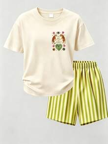 Plus Size Women 2-Piece Set, Women Plus Size Tiger Print T-Shirt, Can Be Given As A Gift To Family And Friends Elegant Summer - Apricot - View 3