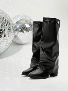 2025 Women's Foldable Knee-High Boots, Pointed Toe High Heel Shark Knee Boots, Fashion Mid-Calf Boots With Cool Side Zipper - Black - View 1
