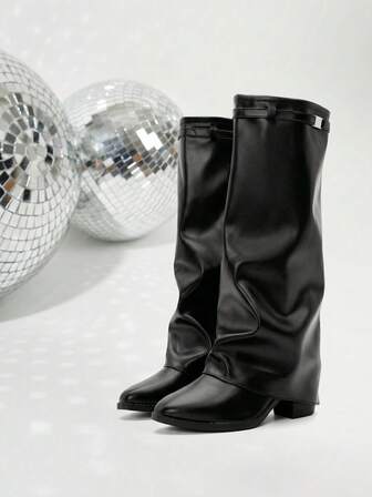 2025 Women's Foldable Knee-High Boots, Pointed Toe High Heel Shark Knee Boots, Fashion Mid-Calf Boots With Cool Side Zipper