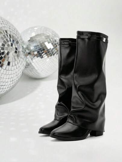 2025 Women's Foldable Knee-High Boots, Pointed Toe High Heel Shark Knee Boots, Fashion Mid-Calf Boots With Cool Side Zipper