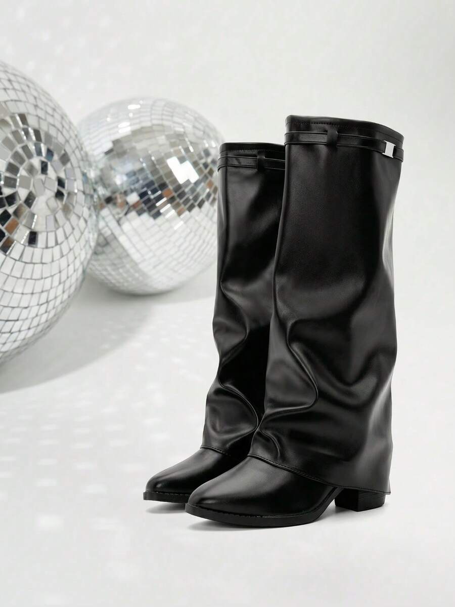 2025 Women's Foldable Knee-High Boots, Pointed Toe High Heel Shark Knee Boots, Fashion Mid-Calf Boots With Cool Side Zipper - Black - View 1