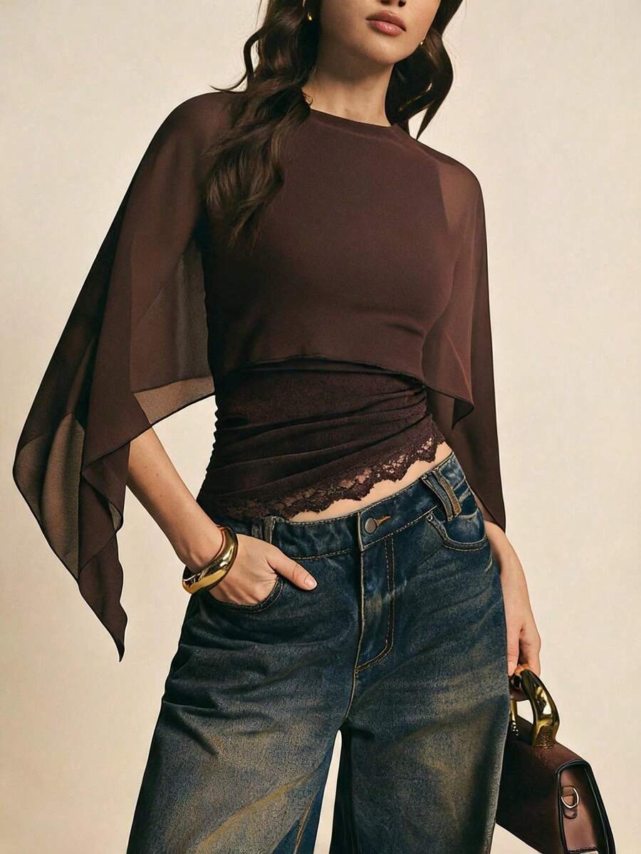 Women's Brown Shawl Collar Casual Blouse, Elegant Blouses For Women, Casual Blouses For Women, Suitable For Daily Wear, Going Out, Coming And Going In Autumn/Winter, Blouse Of - 棕色 - 查看 1