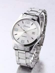 1pc Boys Silver Alloy Strap Casual Round Dial Quartz Watch, Suitable For Daily Wear - Silver - View 1