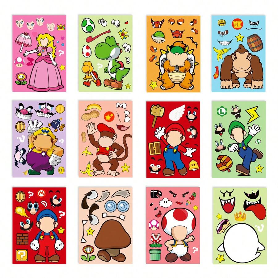 SUPER MARIO BROS. 12pcs Cartoon Game Face Changing Puzzle Stickers, Creative Stickers, Children's Handmade Play Tent Accessories - Multicolor - View 1