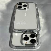 1個電鍍金屬按鈕透明極簡個性化小眾十字文字圖案手機殼，適用於 iPhone 16 Pro Max 17/16/15/14 Plus/13/12/11 保護殼 Air - 彩色 - 查看 2