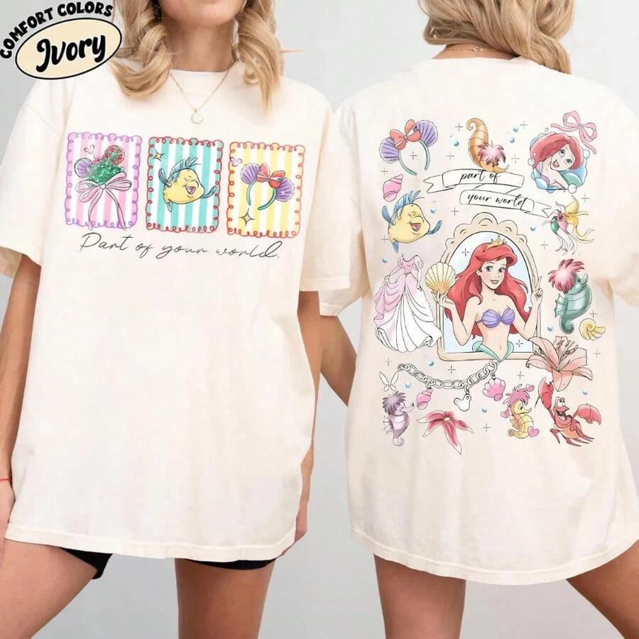 Bow Watercolor Little Flounder T-Shirt, Disney Princess Ariel Character, "Your World" T-Shirt, Disney World Tour - 1 - 查看 1