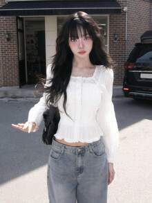 Women's Solid Color Lace Patchwork Single-Breasted Square Neck Slimming Long Sleeve Blouse, White - White - View 1