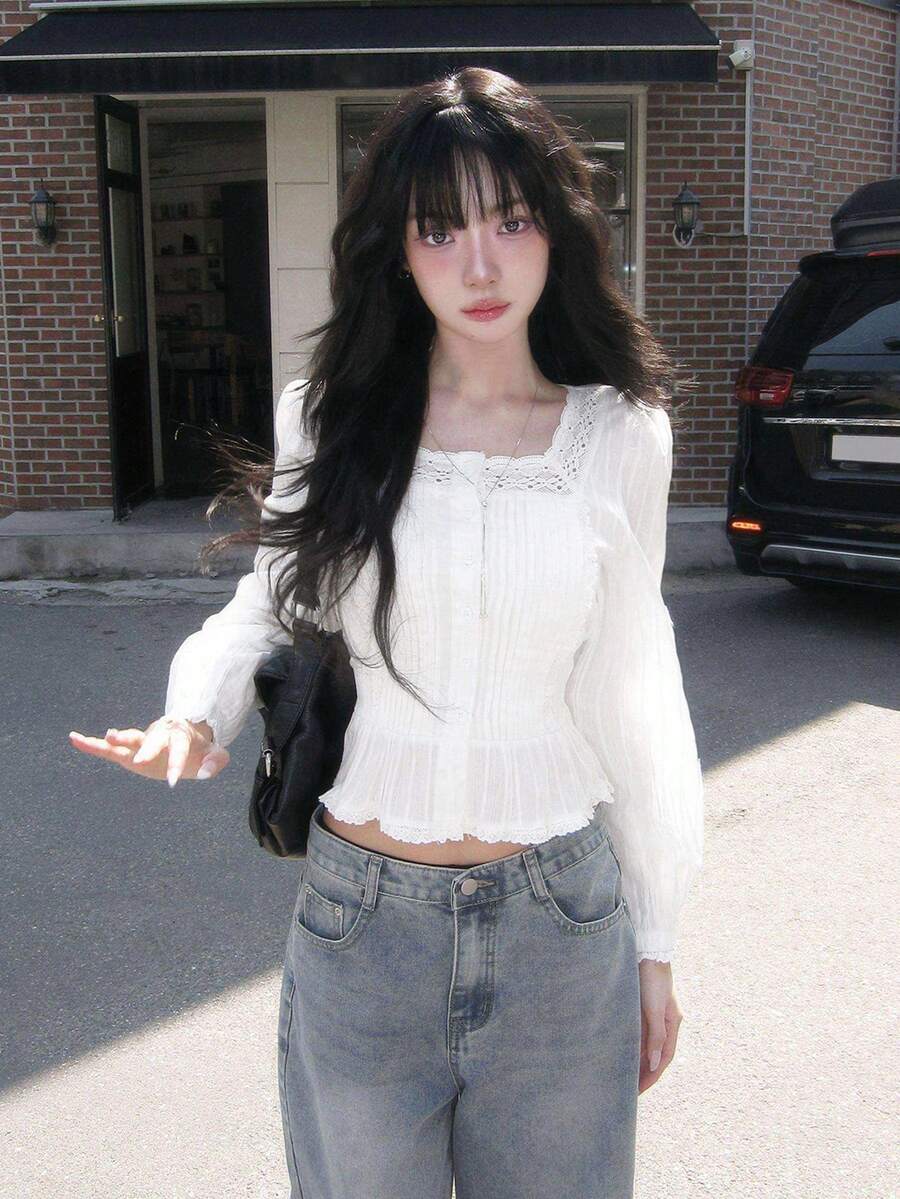 Women's Solid Color Lace Patchwork Single-Breasted Square Neck Slimming Long Sleeve Blouse, White - White - View 1