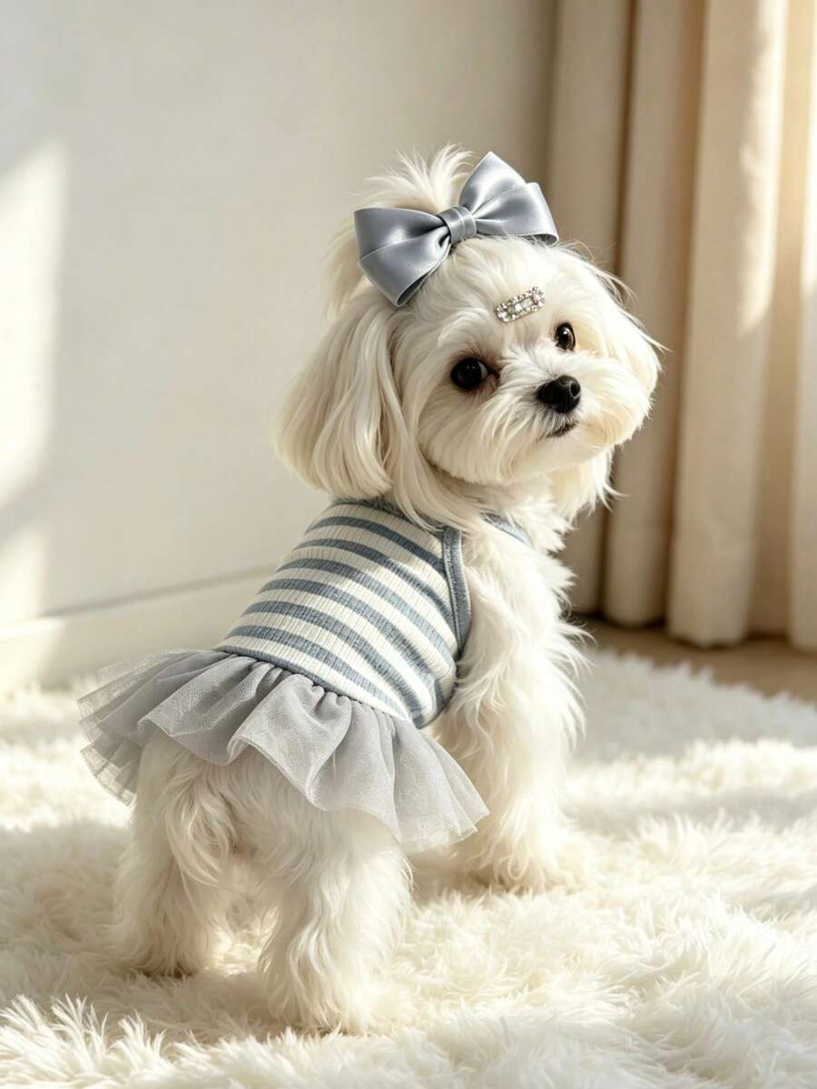 Holdhoney Grey & White Ribbed Mesh Pet Princess Dress, Maltese Teddy Summer Ribbed Strap Tulle Dress, Breathable Dog Dress For Small To Medium Dogs, Gentle Korean INS Style Pet Dress For Photoshoots - Light Grey - View 1