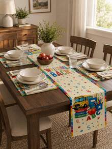1 pieza - Juego de camino de mesa y manteles individuales de vuelta al colegio, decoración de mesa de comedor de lino con autobús escolar, letras ABC, libros, manzana y borde colorido para aula, fiesta de maestros y cocina - Multicolor - Ver 9