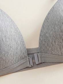 1pc Women's V-Neck Comfortable Wireless Front Closure Soft Cup Cotton Solid Color Bra With Adjustable Straps - Grey - View 10
