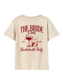 2026 Bride Club Vintage Cocktail Graphic Back Print Loose Short Sleeve T-Shirt, Casual Comfortable Bride Party Top, Suitable For Bachelorette Party, Bride Party, Girls' Night, Pre-Wedding Trip, Vacation Outfit And Daily Streetwear - Apricot - View 2
