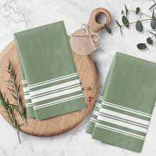 2pcs White & Green Striped Kitchen Towels, Soft Absorbent Household Kitchen Cleaning Cloth, Machine Washable, Reusable, Housewarming Home Decor Gift, Kitchen Accessories - Green - View 3