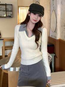 Women's New Autumn/Winter Design Slim Fit V-Neck Knit Top With Collar And 2 In 1 Patchwork - Apricot - View 2