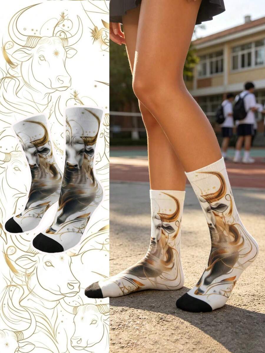 1 Pair Artistic Taurus 360° Print Mid-Calf Socks, Personalized Graffiti Pattern Street Style Socks - Multicolor - View 1
