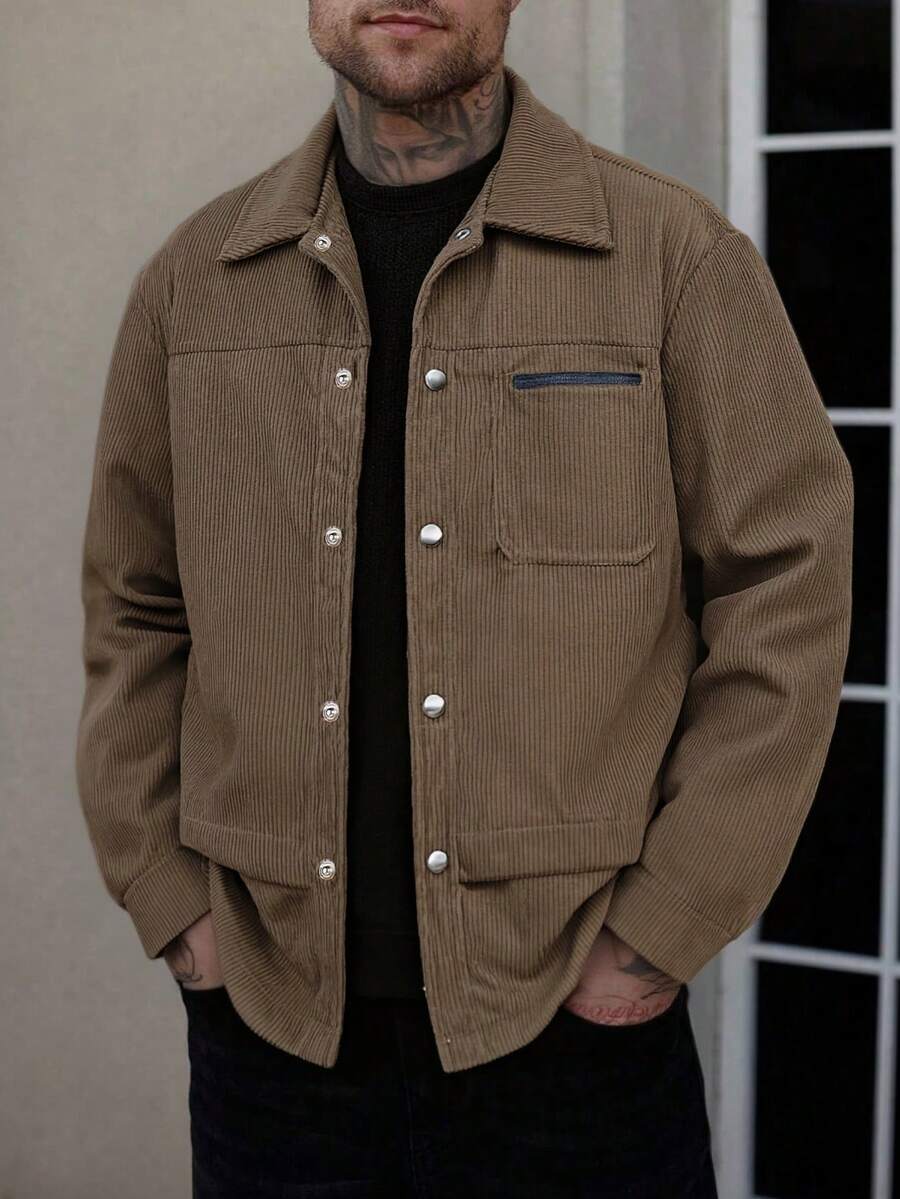 Men's Corduroy Turn-Down Collar Single-Breasted Casual Shirt Jacket With Pockets, Suitable For Daily Wear, Commuting And Work - Khaki - View 1