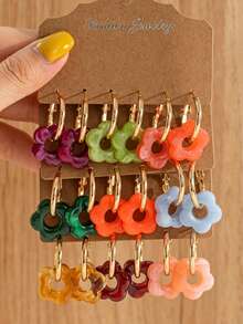 6-18pcs Fashion Summer Hollow Flower Gold Hoop Earrings, Macaron Multicolor Earring Set, Ins Style Design Multicolor Resin Earrings, Suitable For Women's Daily Wear, Holiday Gift - Multicolor - View 1