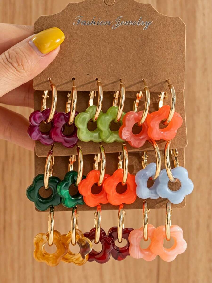 6-18pcs Fashion Summer Hollow Flower Gold Hoop Earrings, Macaron Multicolor Earring Set, Ins Style Design Multicolor Resin Earrings, Suitable For Women's Daily Wear, Holiday Gift - Multicolor - View 1