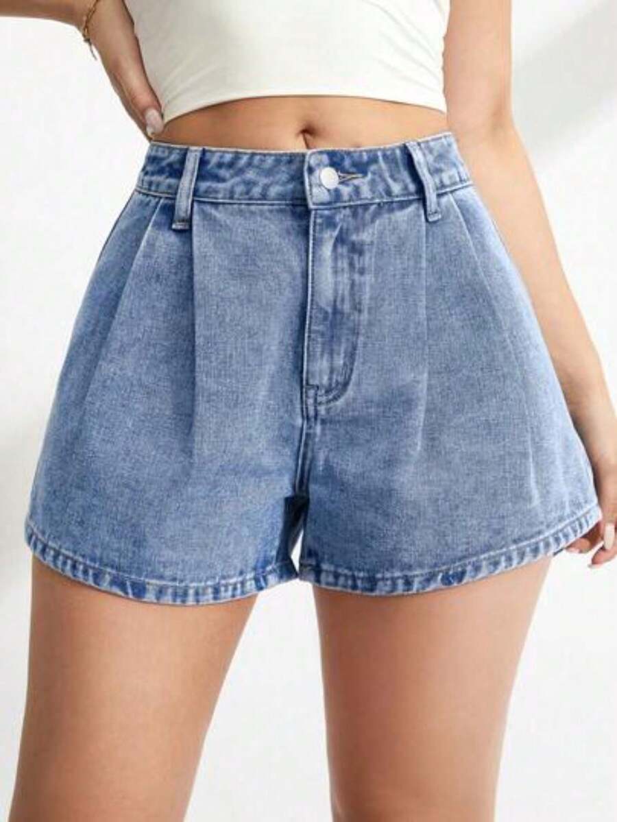 Tall Pantalones cortos de mezclilla con cintura alta y pliegues, conjuntos casuales de verano de línea A para mujer, pantalones cortos de mezcl - Azul lavado medio - Ver 1