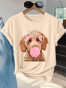 Women's Short-Sleeved T-Shirt With A Fun "Bubblegum" Poodle Print, Round Neck, Machine Washable, Skin-Friendly, Soft, Breathable, Suitable For Spring. - Apricot - View 1