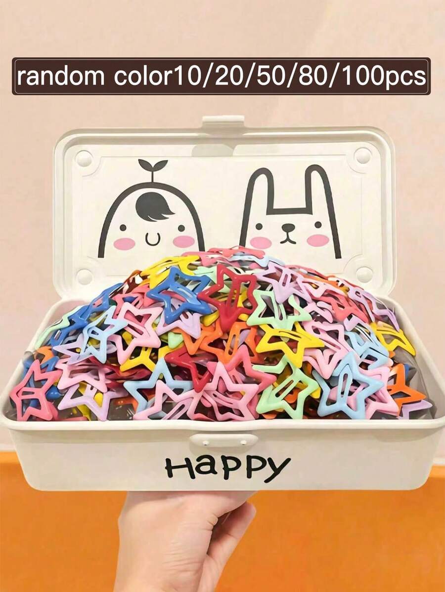 10/20/50/80/100pcs Random Color Macaron Star Hair Clips Set, Hollow Star Snap Hair Clips, Cute Women's Hair Accessories, Energetic Girl Style, Dopamine Color Style, Hollow Five-Point Star Design, Suitable For Loose Hair, Bangs, Women's Braids, Side Styling, Hair Accessories, Summer Essentials, Hair Clips, Summer, Hair Styling Accessories - Multicolor - View 1
