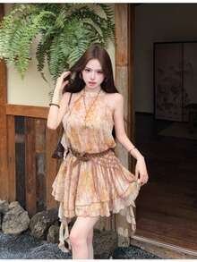 Women Short Dresses - Yellow With Belt (sleeveless) - View 8