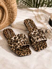 Women's Leopard Print Wide Strap Flat Slides, Square Toe Open Toe Summer Vacation Sandals - Brown - View 5