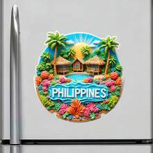 Philippines Nipa Hut Palm Tree Turquoise Sea And Coral Reef Dance Magnet, Each Island Is A Love Letter, Suitable For All Metal Surfaces In Your Home - A - View 2