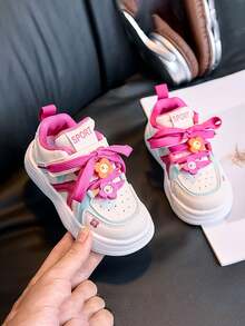 1 Pair White & Pink Colorblock Girls' Floral Decor Sneakers, Sweet Style, Suitable For Daily School And PE Class Training - Hot Pink - View 4