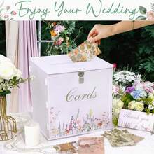 Outdoor Holiday Decor White Wedding Card Box With Lock, Acrylic Gift Card Box With Blue Floral Wreath, Wedding Reception Decoration, Graduation Birthday Bride Shower Party Decor Wallet Gift Box - 1PC - View 2