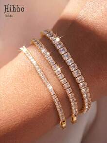 Hihho 3pcs/Set Gold-Plated & Cubic Zirconia Tennis Bracelet, With Adjustable Extension Chain, Multi-Layered Shapes Available, Versatile Accessory For Women's Daily Wear - Multicolor - View 1