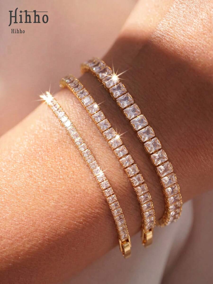 Hihho 3pcs/Set Gold-Plated & Cubic Zirconia Tennis Bracelet, With Adjustable Extension Chain, Multi-Layered Shapes Available, Versatile Accessory For Women's Daily Wear - Multicolor - View 1