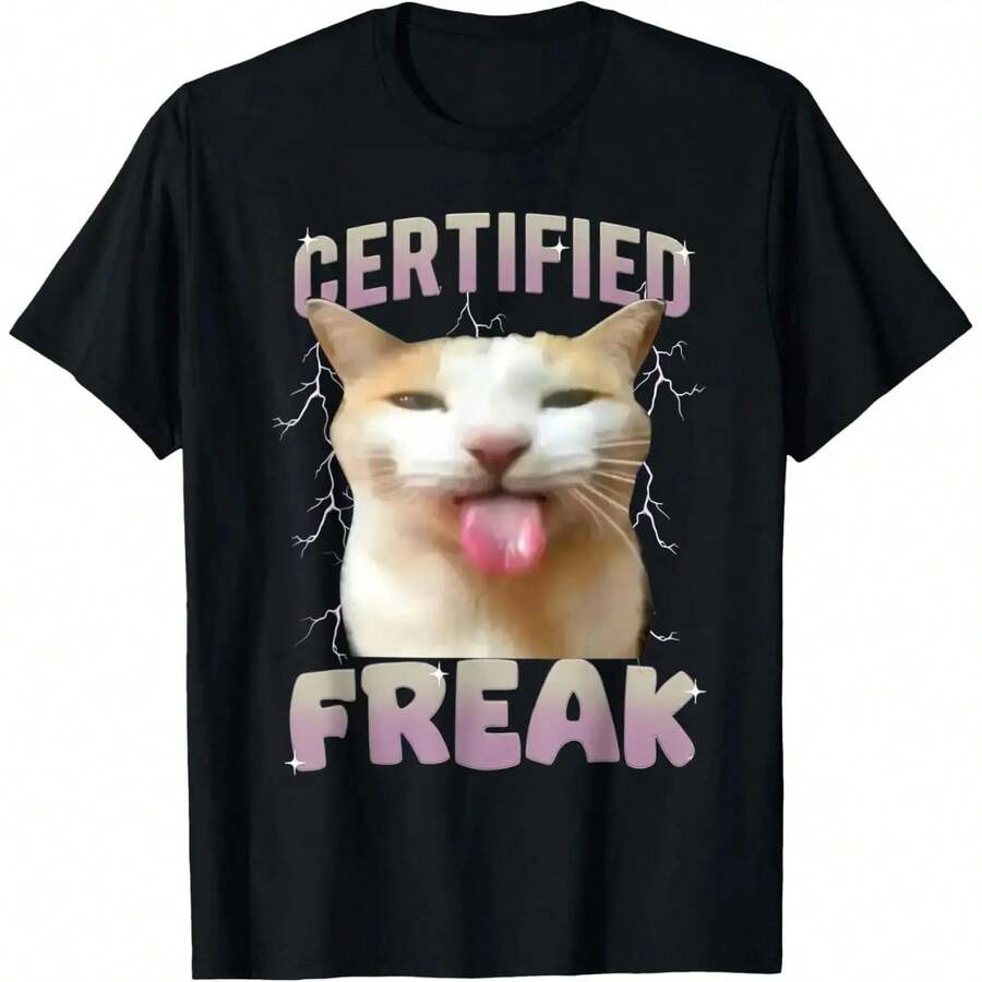 "At Cement" Cursed Cats Humor T-Shirt, 100% Cotton, Unisex, Urban Casual Style, Viral Meme Top, Summer Outfit, Original Gift For Cat Lovers, Short Sleeve - 黑色 - 查看 1