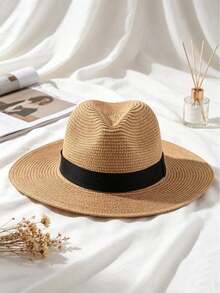 Natural Brown Wide Brim Straw Fedora Hat With Black Ribbon, UV Protection Sun Hat - Multicolor - View 9