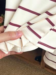 2pcs/Set Baby Girls' Collegiate Sports Style Cherry & Letter Embroidery Striped Polo Shirt + Matching Straight Pants Set, Summer - Apricot - View 6