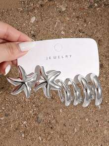 3/9 Pairs Large C-Shape/Starfish/Shell Shaped Silver-Plated Women's Earrings Set, Suitable For Beach Vacation And Daily Wear - Silver Gray - View 13