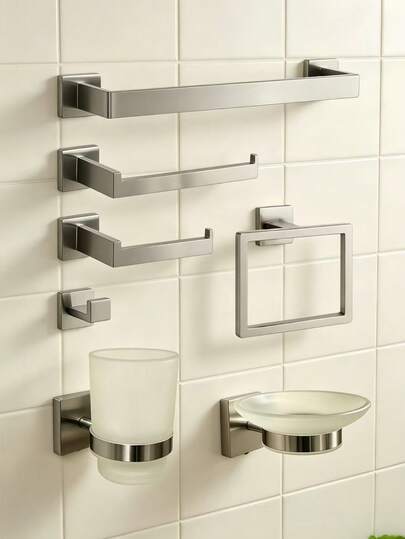 7-Piece Thickened Stainless Steel Square Tube Bathroom Storage Rack Set, Towel Ring, Towel Bar, Multi-Function Coat Hook, Bathrobe Hook, Toilet Paper Holder