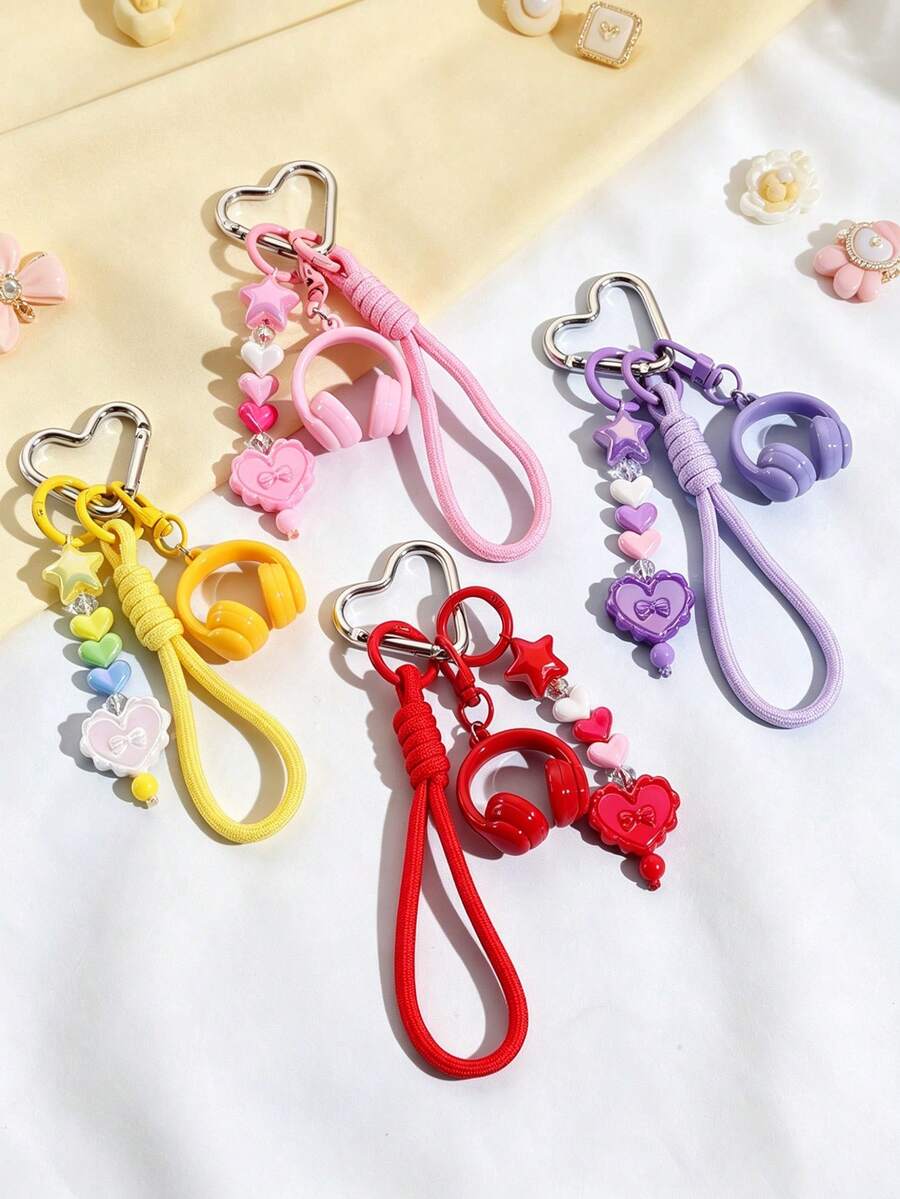 1pc Mini Earphone Keychain Woven Lanyard, Colorful Letter Bow Bag Charm - Multicolor - View 1
