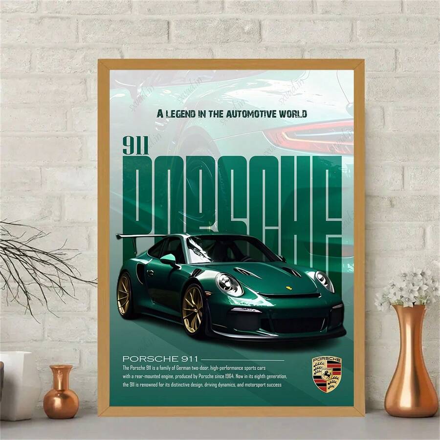 1件綠色 911 GT3 無框帆布海報，巨型粗體字母賽車印花，車庫男士空間汽車牆面裝飾，跑車愛好者禮物 - 911-B - 查看 1