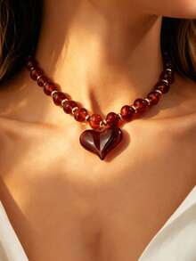 1 pieza Collar de cuentas de resina bohemio vintage exagerado, collar de colgante de corazón de resina de lujo de moda colorido, adecuado para el uso diario de las mujeres y las vacaciones de verano, joyería de moda - Marrón - Ver 6