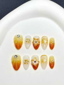 Orange Gradient Star Press On Nails, Medium Almond With 3D Star & Rhinestone Glossy Summer Reusable Wearable Nails.Orange Star Gradient Press On Nails, Medium Almond Glossy Cute False Nails - Orange - View 2