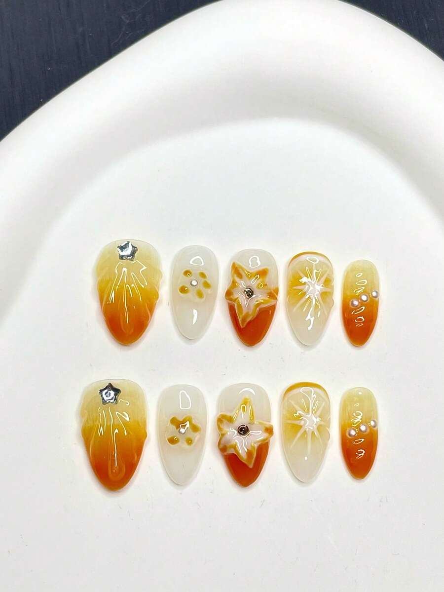 Orange Gradient Star Press On Nails, Medium Almond With 3D Star & Rhinestone Glossy Summer Reusable Wearable Nails.Orange Star Gradient Press On Nails, Medium Almond Glossy Cute False Nails