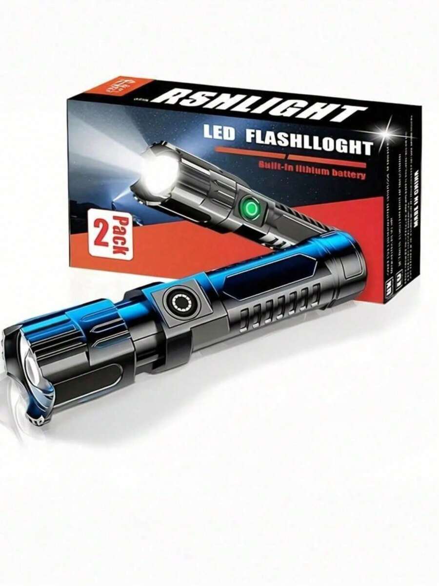 1/2pcs Ultra Bright Rechargeable LED Flashlight, Compact Zoomable Handheld Torch, Suitable For Outdoor Camping, Fishing, Hunting, Hiking, Exploration And Emergency Use, Built-In Battery