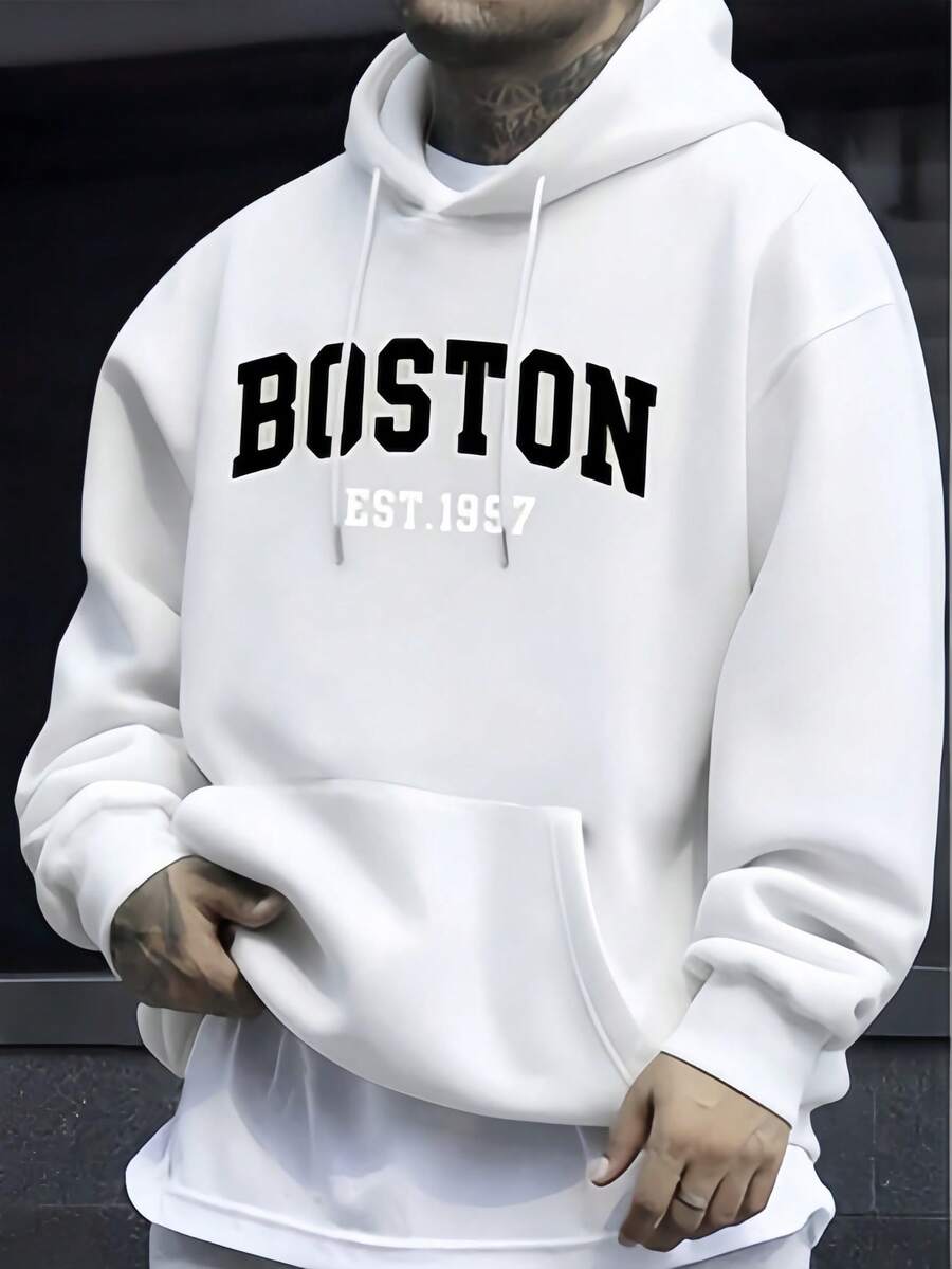 Men's Hoodie With BOSTON Letter Print, Casual Men's Sweatshirt. - 白色 - 查看 1