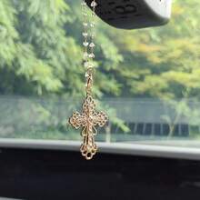 Rhinestone Hollow Cross Car Hanging Ornament Clear Crystal Bead Chain Rearview Mirror Pendant Golden Religious Cross Suncatcher Auto Interior Decor Gift - Carved Cross Car Pendant - View 6