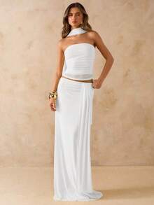 Set de 2 piezas compuesto por top bandeau plisado de color rosa sólido y falda larga plisada de talle bajo con volantes, atuendo de playa, - Blanco - Ver 2