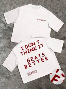 Camiseta de hombre estilo callejero americano con bordado de letra en toalla, corte holgado y corto, hombros caídos, manga corta, top blanco versátil unisex de marca - Blanco - Ver 4