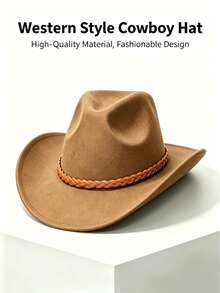 1pc Unisex Western Cowboy Hat, Felt Hat, Riding Hat, Summer Sun Protection Hat, Minimalist And Fashionable. Suitable For Daily Wear, Parties, Outdoor Riding, Western Theme Events, Cosplay, Music Festivals And More. - Brown Braided Hat - View 10