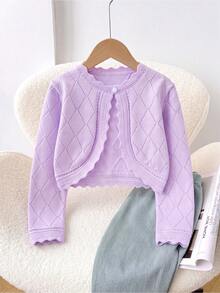 Girls' Spring Elegant Hollow Design Argyle Pattern + Lace Trim Knit Cardigan, Soft And Sweet, Suitable For Daily Wear Or Outings - Mauve Purple - View 1
